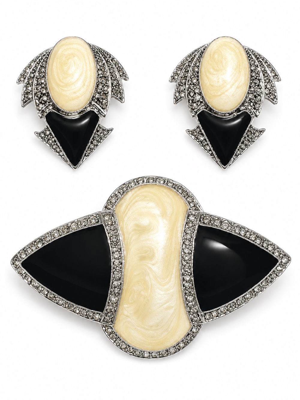 Vintage 1989 Art Deco Black & Cream Enamel Faux-Marcasite Brooch & Earrings